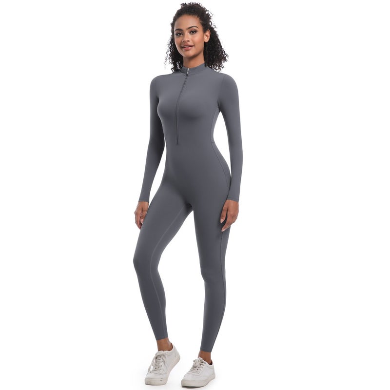 New Cross-Border European Style Half-Zip Tight-Fit Solid Color High-Elastic Long Yoga Suit for Fitness and Running