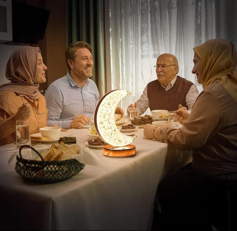 Ramadan Crystal Moon Lamp, LED Touch Dimmable Night Light with 3 Color Changing Modes, Acrylic Material, Gold Base, 18.5cm x 13.5cm, USB Rechargeable