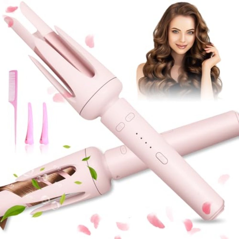 Auto Hair Curler for Beginners, 3 Temperature Settings 160-200°C Automatic Curling Iron, Anti-Scald Anti-Tangle Rotating Hair Waver for Fine Hair Long Lasting Beach Waves, Pink - Image 1