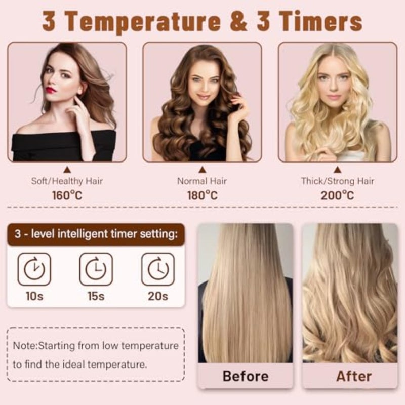 Auto Hair Curler for Beginners, 3 Temperature Settings 160-200°C Automatic Curling Iron, Anti-Scald Anti-Tangle Rotating Hair Waver for Fine Hair Long Lasting Beach Waves, Pink - Image 4