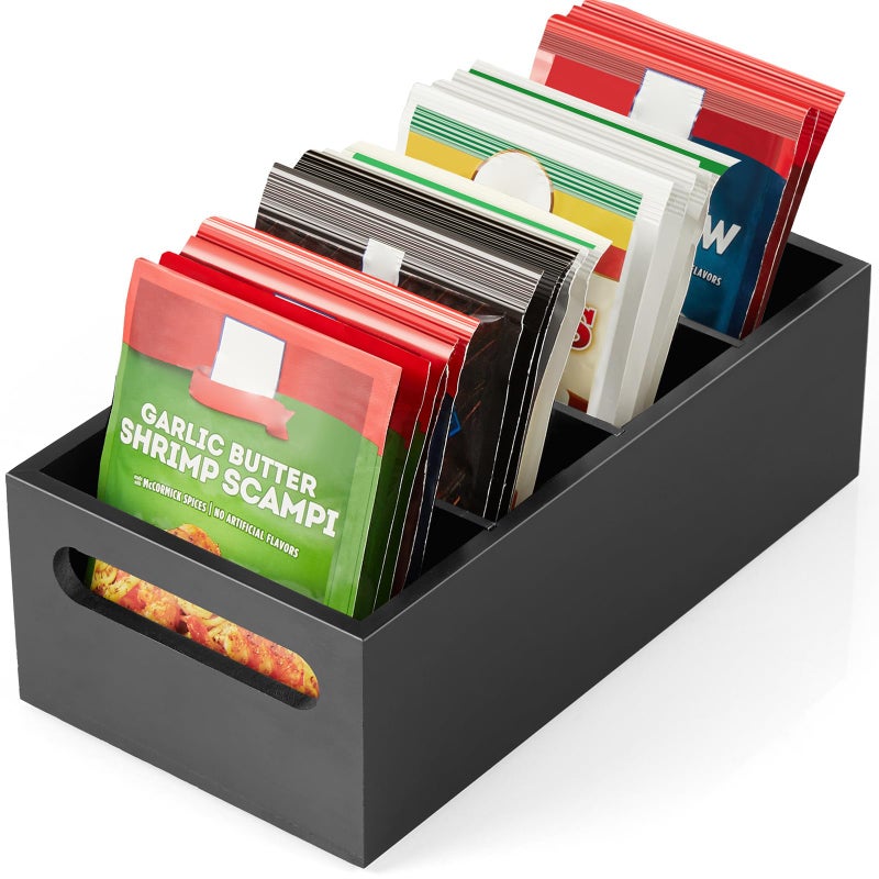 DRASTAR Pantry Organization and Storage Bins Seasoning Packet Organizer with Removable DividersWooden Storage Caddy for Kitchen Pantry Cabinet Countertop Black