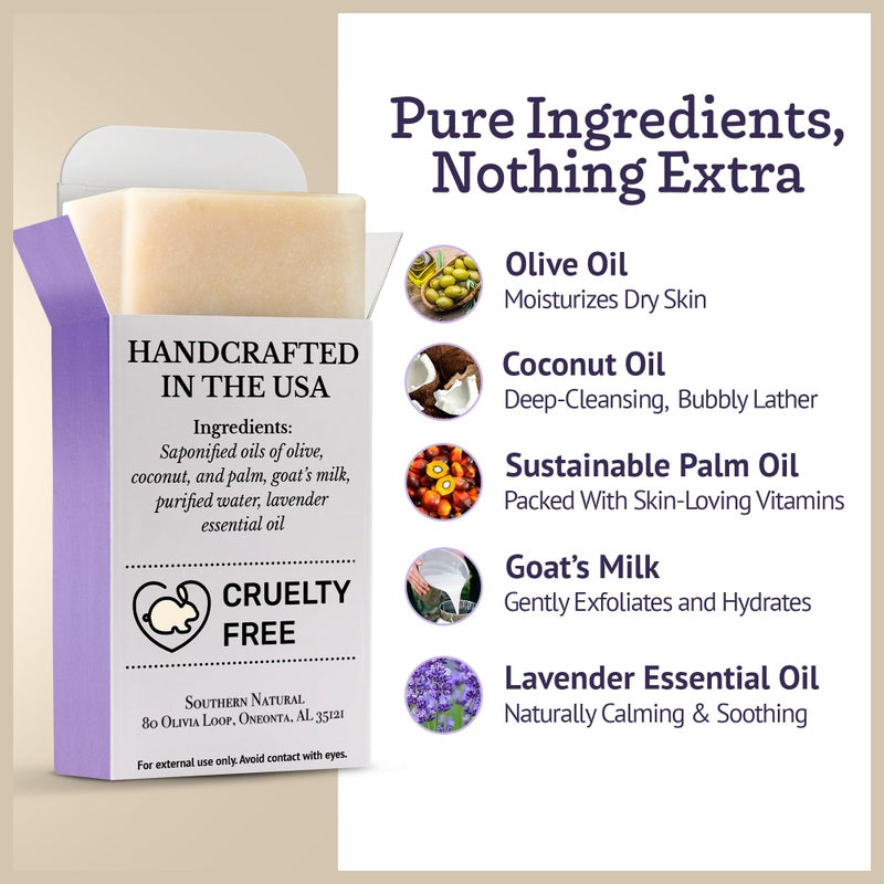 Southern Natural Goat Milk Soap Bar (Lavender 3 Pack) For Dry Sensitive Skin. Natural, Handmade Soap For Men, Women, Kids & Baby. Use On Face & Body - Image 3