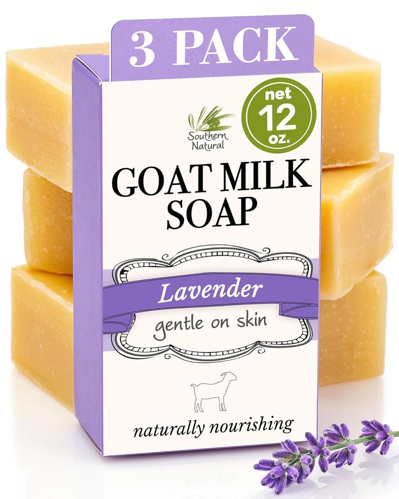 Southern Natural Goat Milk Soap Bar (Lavender 3 Pack) For Dry Sensitive Skin. Natural, Handmade Soap For Men, Women, Kids & Baby. Use On Face & Body - Image 1