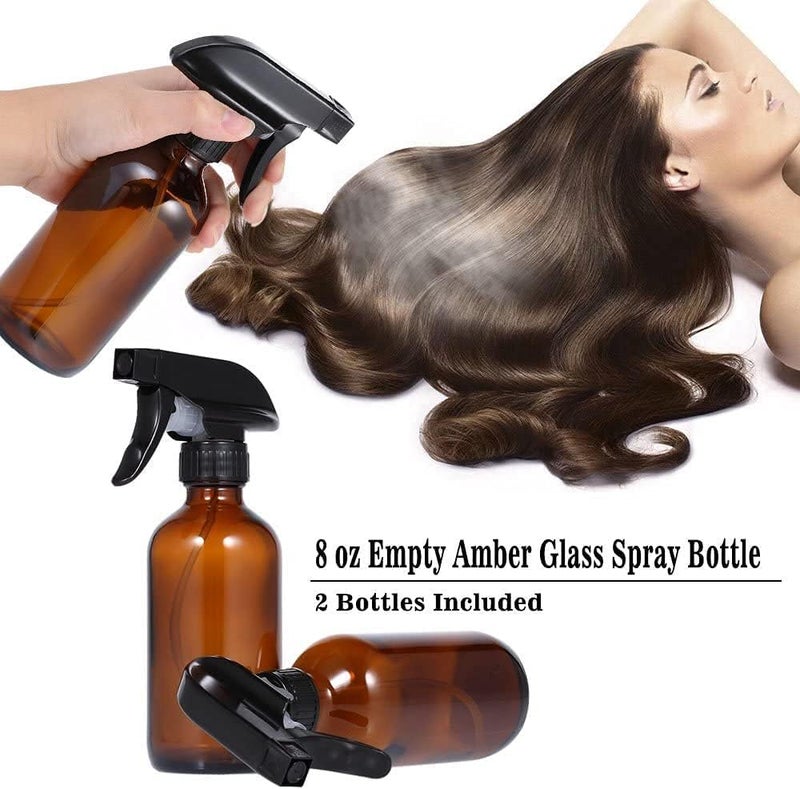 QUESERA ® Empty Amber Glass Spray Bottles (SET OF 2) Refillable Container for Essential Oils, Cleaning Products, Aromatherapy - Durable Black Trigger Sprayer w/Mist and Stream Settings (8 OZ - 250 ML) - Image 3