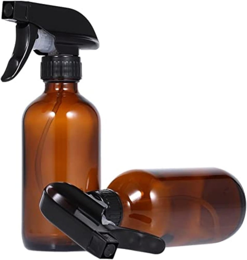 QUESERA ® Empty Amber Glass Spray Bottles (SET OF 2) Refillable Container for Essential Oils, Cleaning Products, Aromatherapy - Durable Black Trigger Sprayer w/Mist and Stream Settings (8 OZ - 250 ML) - Image 1
