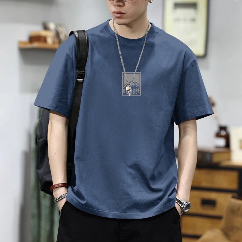 Heavy Weight Cotton Short-Sleeved T-Shirt Men's Summer Ins Trendy Brand Loose and Versatile Simple Printed Comfortable Casual Half-Sleeved T-Shirt - Image 2