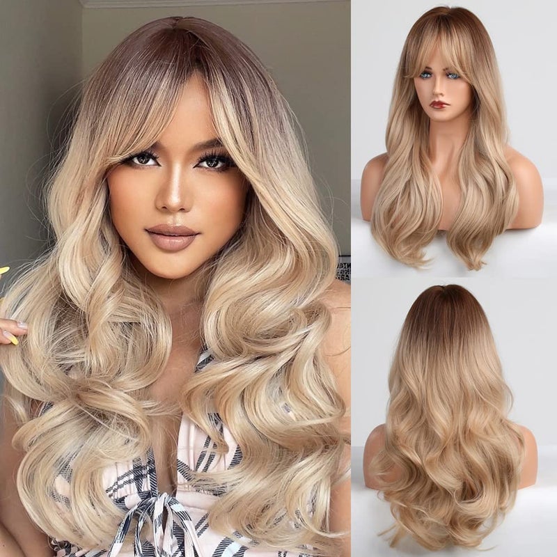 باروكة HAIRCUBE طويلة للشعر الأشقر للنساء، باروكة مموجة ومجعدة مع غرة، جذور بنية طبيعية، باروكات صناعية للاستخدام اليومي وكوسبلاي