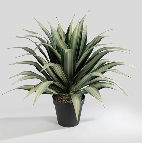 SUNPRAIRIE LifeLike Extra Large 34 Inch Tall Artificial Agave Plant Cream Leaves with Textured Dark Green Stripes UV Resistant Faux Plants Outdoor and Indoor Large Artificial Plants - Image 1