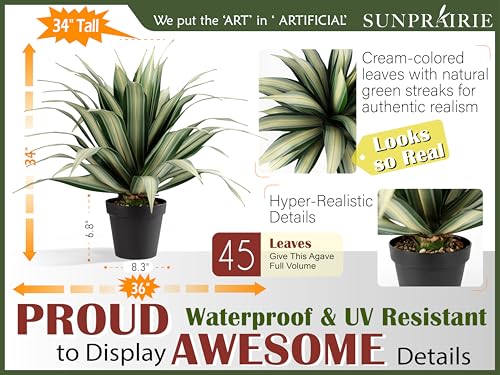 SUNPRAIRIE LifeLike Extra Large 34 Inch Tall Artificial Agave Plant Cream Leaves with Textured Dark Green Stripes UV Resistant Faux Plants Outdoor and Indoor Large Artificial Plants - Image 3
