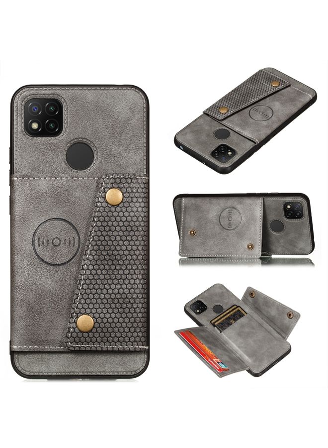 Case Cover For Xiaomi Redmi 9C Double Buckle PU + TPU Shockproof Magnetic Protective Case with Card Slot & Holder Grey