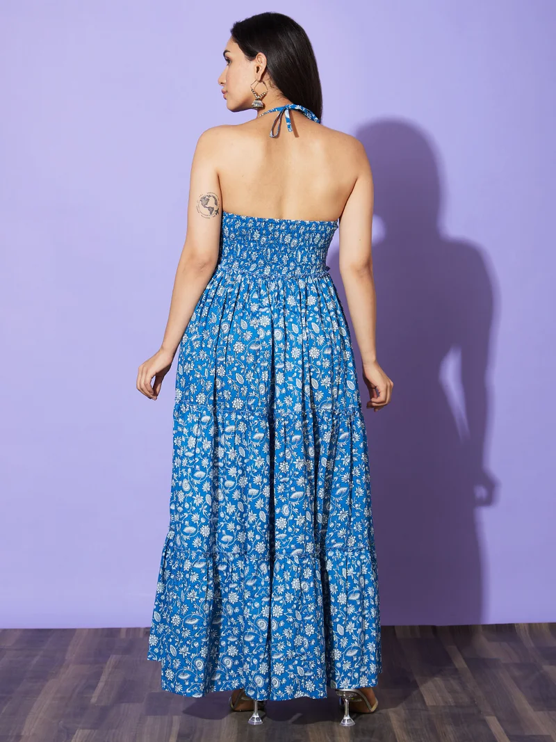 globus Women Blue Floral Print Halter Neck Cotton Tiered Fit & Flare Maxi Dress