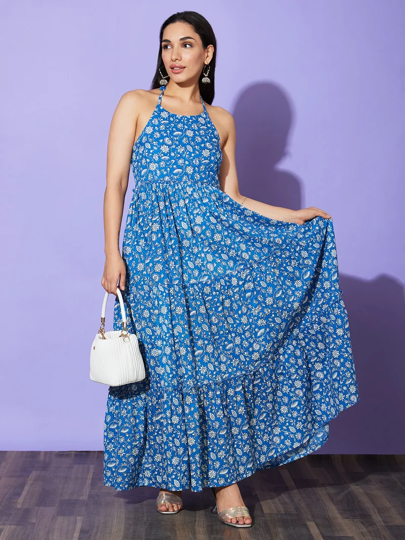 globus Women Blue Floral Print Halter Neck Cotton Tiered Fit & Flare Maxi Dress