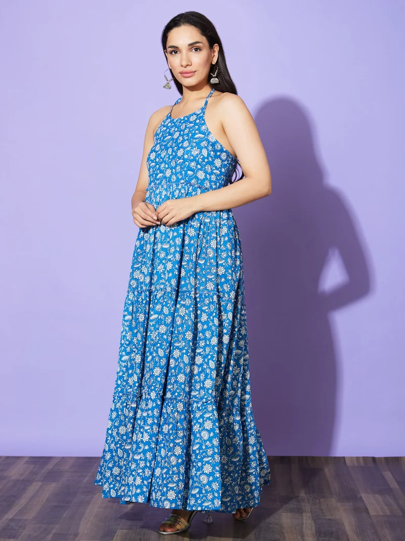 globus Women Blue Floral Print Halter Neck Cotton Tiered Fit & Flare Maxi Dress