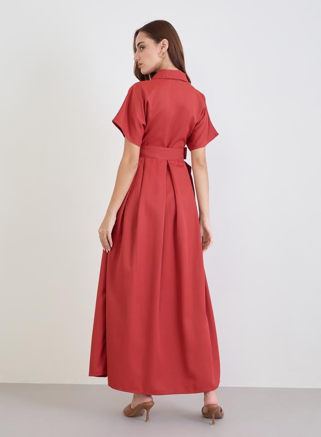 ستايلي فستان طويل بحزام وطيات أمامية - Image 4