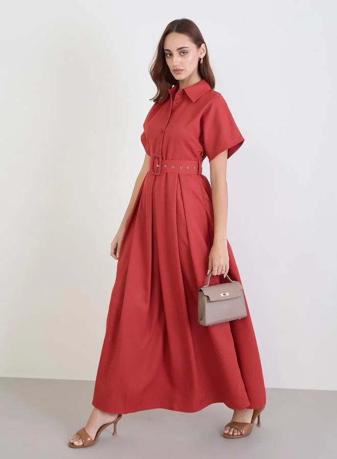 Styli Red Belted Maxi Dress with Fold Pleat