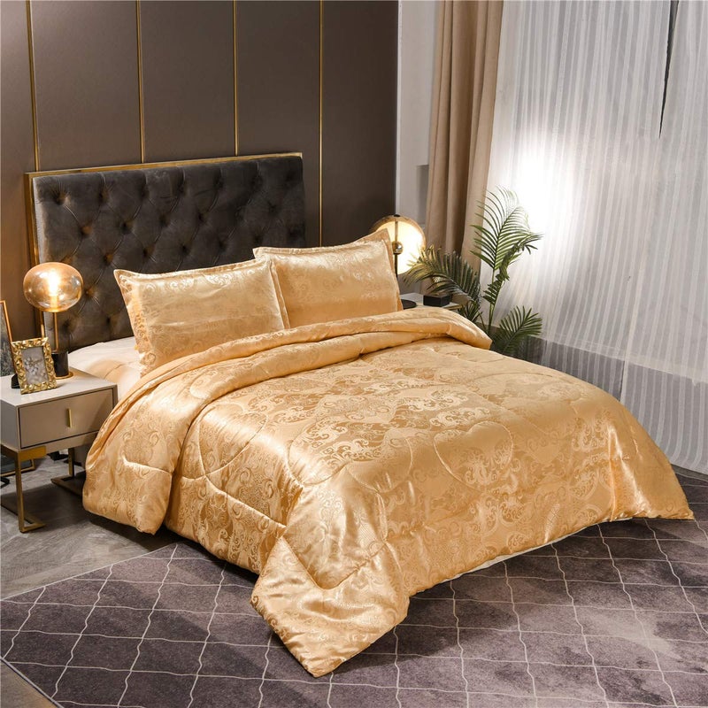 Raytrue-X Queen Comforter Set- Luxury Gold Silk Bed Set All Season Lightweight Quilt Soft Microfiber Bedding comforters & Sets Matching 2 Pillow Shams (Full/Queen, 3 Pieces, 88-by-88 inches) - Image 1