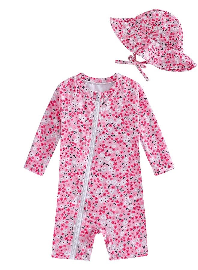 WOLBAY 2Pcs Baby Girl One Piece Swimsuit Full Zipper UPF 50+ Sun Protection Bathing Suit Rash Guard with Hat (US, Age, 9 Months, 12 Months, Pink) - Image 2