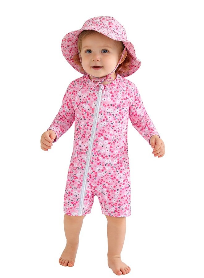 WOLBAY 2Pcs Baby Girl One Piece Swimsuit Full Zipper UPF 50+ Sun Protection Bathing Suit Rash Guard with Hat (US, Age, 9 Months, 12 Months, Pink) - Image 1