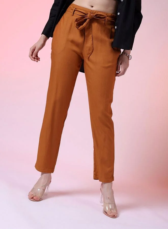 Freehand Freehand Women Rust Tapered Pants with Tie Belt