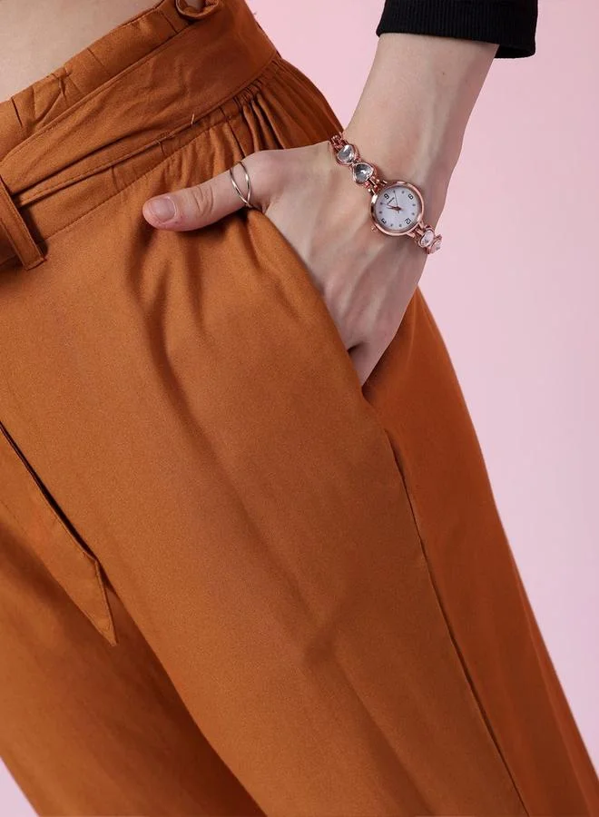 Freehand Freehand Women Rust Tapered Pants with Tie Belt