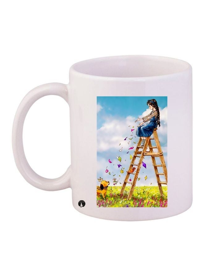 RYN Cartoon Girl Printed Coffee Mug White/Blue/Green 11ounce