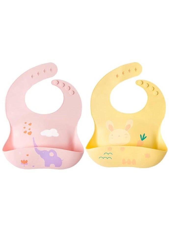Pixie Baby Silicone Bibs Easily Clean Pack of 2, Soft Adjustable Waterproof Toddler Silicone Bibs for Babies Girl and Boy (Elephant, Bunny) - Image 1