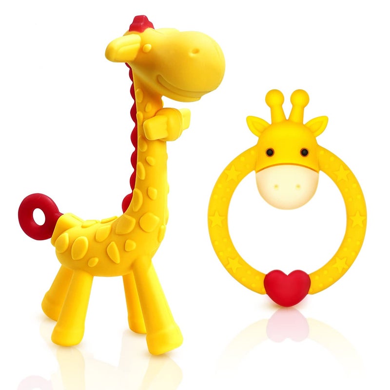 SHARE&CARE BPA Free Silicone Giraffe Baby Teether Toy with Storage Case, for 3 Months Above Infant Sore Gums Pain Relief and Baby Shower, Baby Teething Toys (Yellow) - Image 1