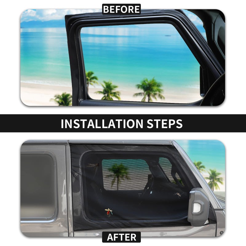 Hoolcar Front Window Sun Shade Breathable Mesh Side Window Screens Cover for Camping/Pets, UV Protection Sunshade for 1997-2022 Jeep Wrangler TJ JK JL & Gladiator JT, Black, 2PCs - Image 2