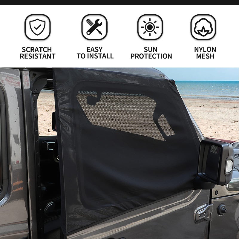 Hoolcar Front Window Sun Shade Breathable Mesh Side Window Screens Cover for Camping/Pets, UV Protection Sunshade for 1997-2022 Jeep Wrangler TJ JK JL & Gladiator JT, Black, 2PCs - Image 3