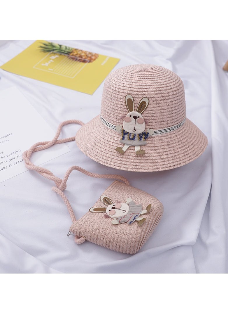 KUYING Children's Cute Parent Child Beach Hat Straw Hat Bag Set Baby Sunshade Fisherman Hat Sun Hat 