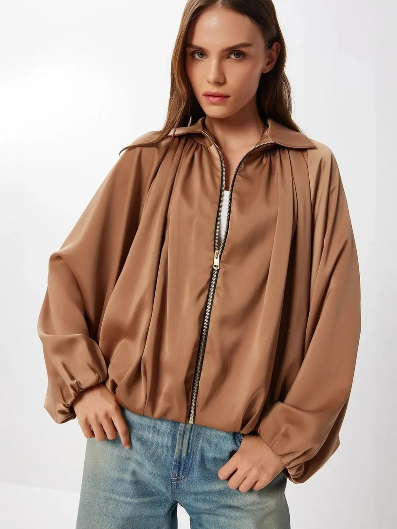 Lovely Istanbul ISTANBUL Satin Weave Bomber Jacket with Zipper Closure