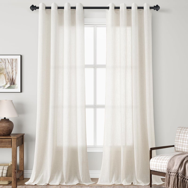 Nanspring Natural Linen Curtains 90 inches Long for Living Room Grommet Light Filtering Window Curtain 90 inch Length 2 Panels Set Neutral Rustic Farmhouse Semi Sheer Cream Curtains Bedroom Home Office - Image 1