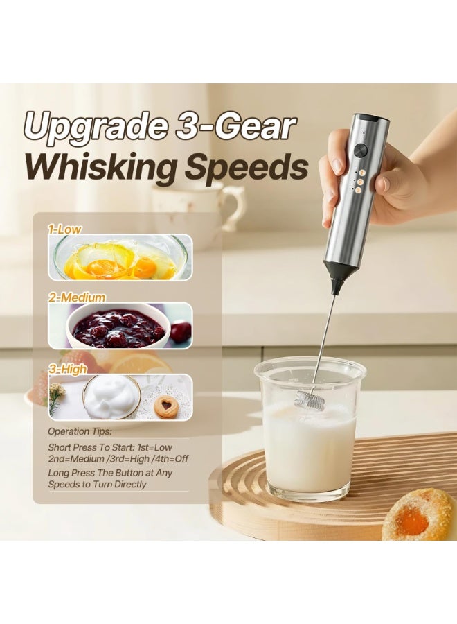 Zarra Traders Electric Milk Frother with Stand& Coffee Mixer  2-in-1 | 3-Speed Rechargeable Handheld Foam Maker, Stainless Steel Whisk for Latte, Cappuccino, Nescafe, Matcha & Hot Chocolate - Image 3