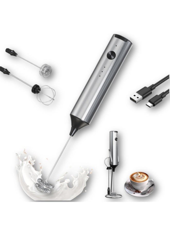 Zarra Traders Electric Milk Frother with Stand& Coffee Mixer  2-in-1 | 3-Speed Rechargeable Handheld Foam Maker, Stainless Steel Whisk for Latte, Cappuccino, Nescafe, Matcha & Hot Chocolate - Image 1