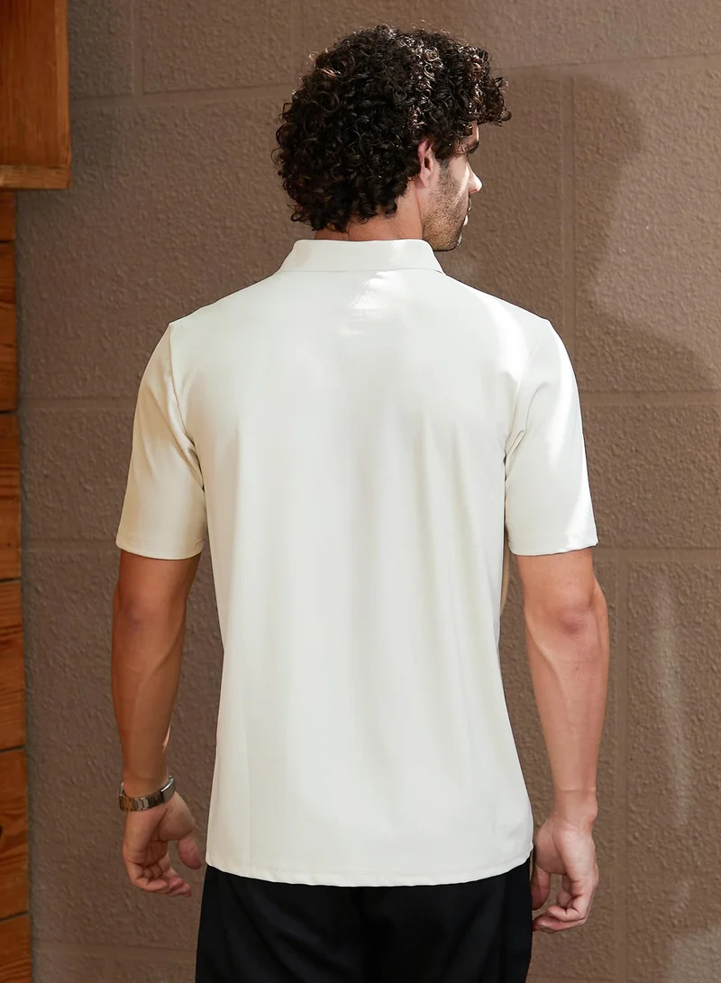 CAHOOT  Men's Off-White Seamless Waffle Polo T-Shirt For Casual Wear | Polo Neck | Short Regular Sleeves | Half-Button Closure | T-Shirt Crafted With Comfort Fit For Everyday Wear for Men | Best Price UAE