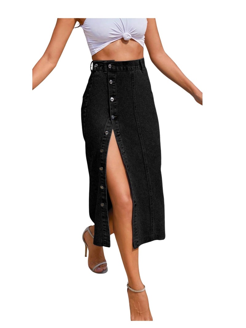 Aahwan Black Solid Midi Denim Pencil Front Button Side Slit Skirt for Women's & Girl's(338_Black-32) - Image 1