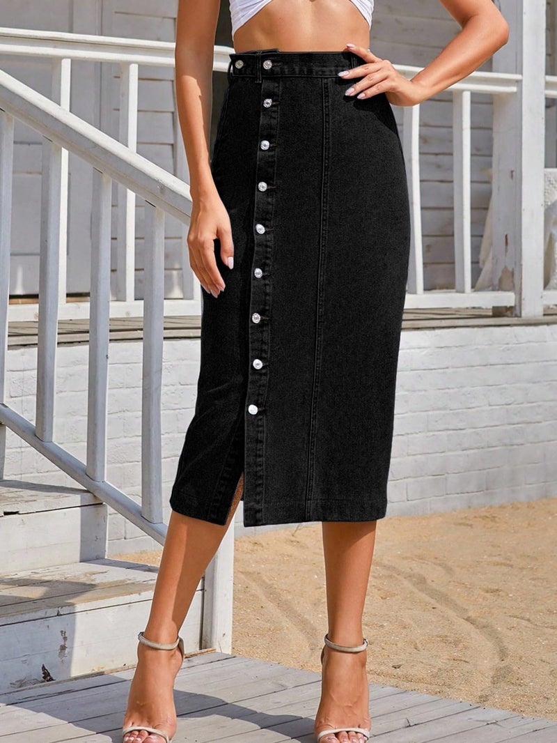 Aahwan Black Solid Midi Denim Pencil Front Button Side Slit Skirt for Women's & Girl's(338_Black-32) - Image 4