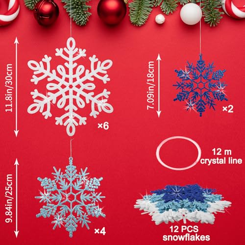 YOTNUS 12 PCS 11.8 Inch Large Snowflakes Ornaments - Outdoor Winter Decor Glitter Giant Hanging Snowflake Decorations for Indoor Outdoor Winter Tree Decorations(White, Blue, Dark Blue) - Image 2