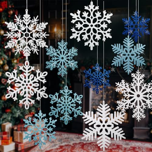 YOTNUS 12 PCS 11.8 Inch Large Snowflakes Ornaments - Outdoor Winter Decor Glitter Giant Hanging Snowflake Decorations for Indoor Outdoor Winter Tree Decorations(White, Blue, Dark Blue) - Image 1