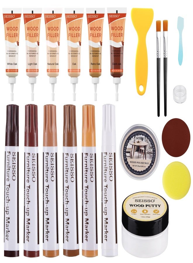 SEISSO Wood Furniture Repair Kit, 6 Oak Colors Wood Fillers 6 Colors Touch Up Markers, with Wood Putty, Wood Polish Wax for Repair Scratches, Stains, Cracks of Laminate, Door, Table, Cabinet, Floor - Image 1