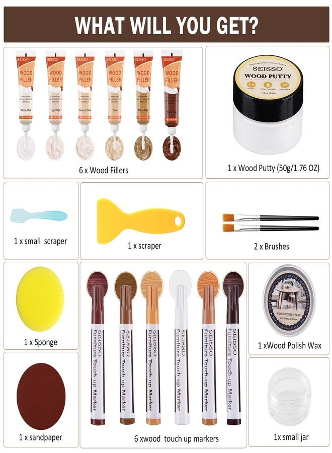 SEISSO Wood Furniture Repair Kit, 6 Oak Colors Wood Fillers 6 Colors Touch Up Markers, with Wood Putty, Wood Polish Wax for Repair Scratches, Stains, Cracks of Laminate, Door, Table, Cabinet, Floor - Image 2