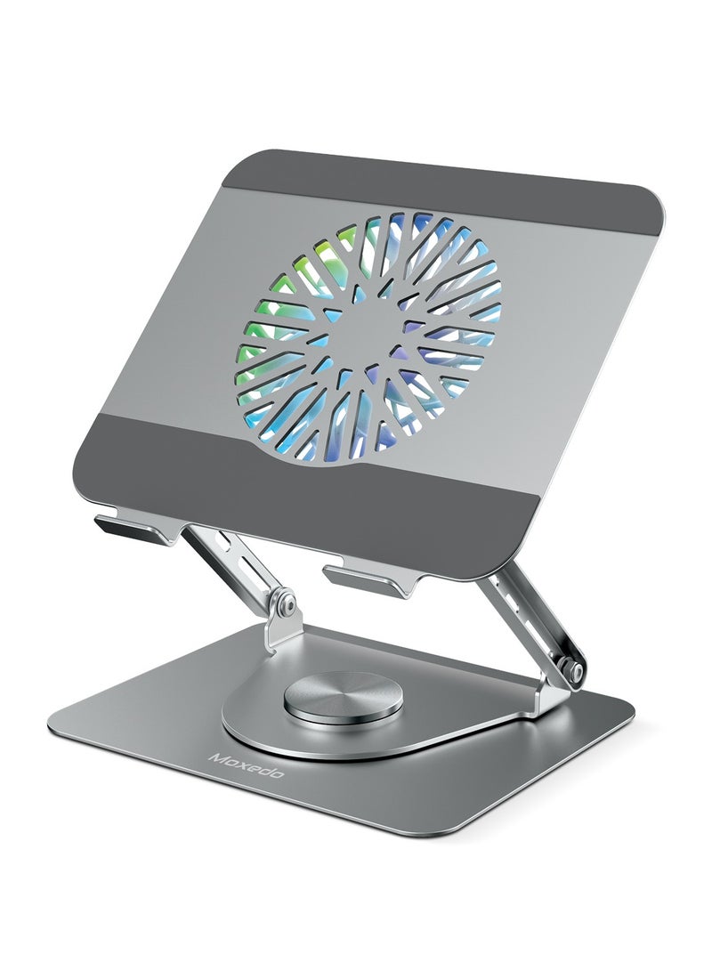 Moxedo Ergonomic Foldable Laptop and Tablet Stand with RGB Led Light Cooling Fan 360° Rotation Computer Holder Laptop Riser for Desk Compatible with Up to 17.2” Devices - Image 1