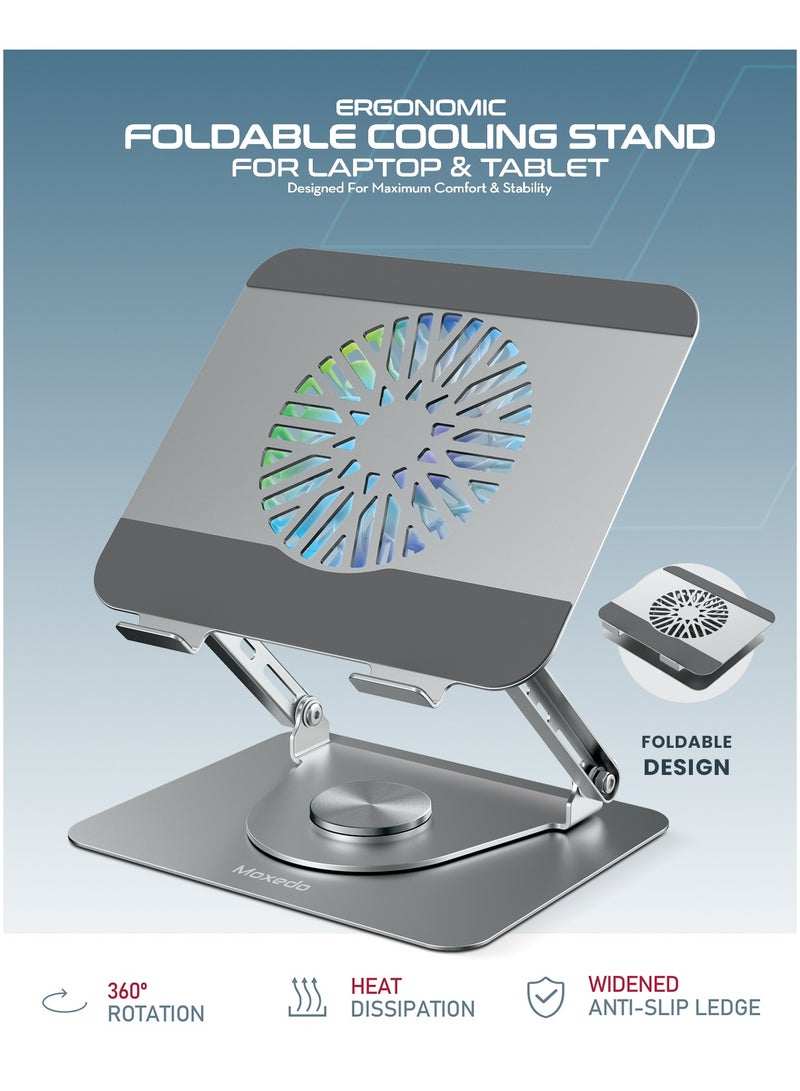 Moxedo Ergonomic Foldable Laptop and Tablet Stand with RGB Led Light Cooling Fan 360° Rotation Computer Holder Laptop Riser for Desk Compatible with Up to 17.2” Devices - Image 2
