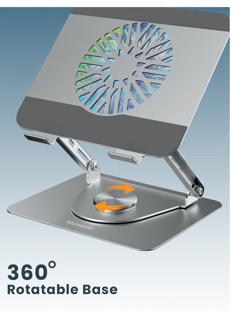 Moxedo Ergonomic Foldable Laptop and Tablet Stand with RGB Led Light Cooling Fan 360° Rotation Computer Holder Laptop Riser for Desk Compatible with Up to 17.2” Devices - Image 4