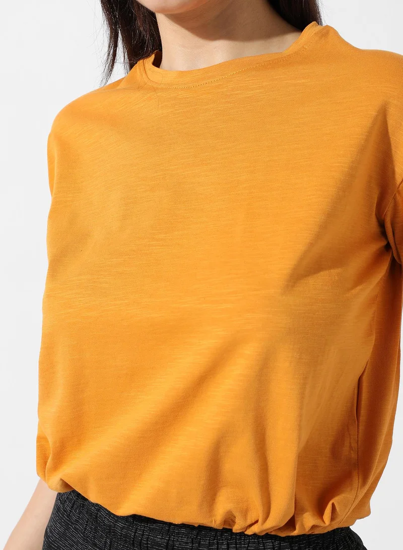 Campus Sutra Women's Solid Mustard Yellow Cinched Top