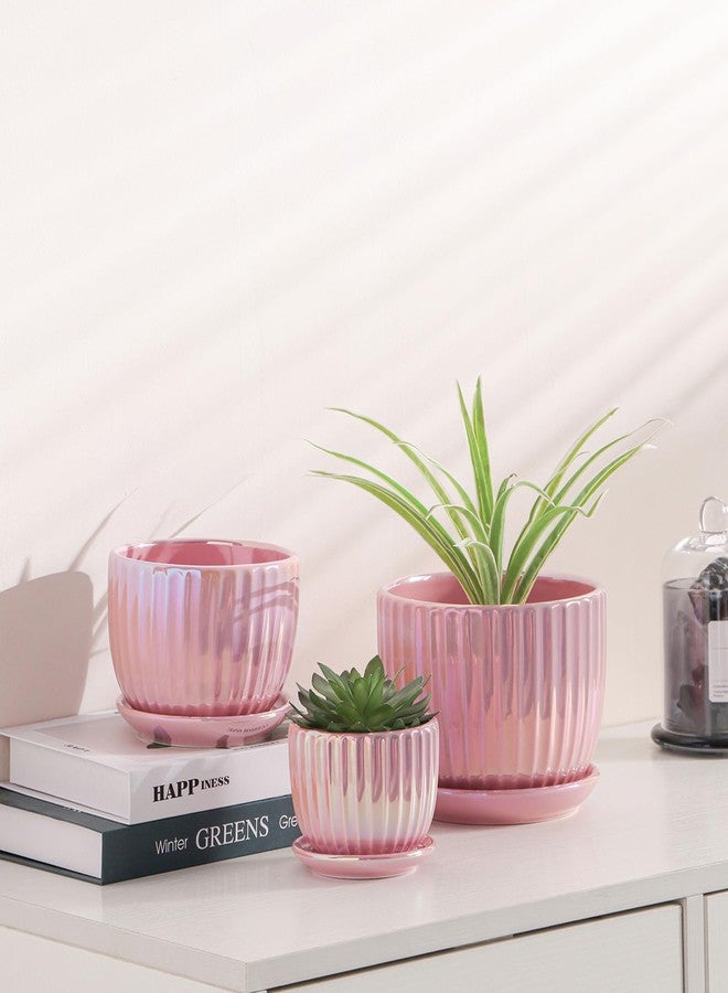 Ton Sin Pink Gold Ceramic Flower Pots, 4"+5"+6" Inch Small Glazed Succulent Planters with Drainage Hole,Modern Indoor Decorative Plant Pots Set of 3,Garden Pots with Saucer - Image 3