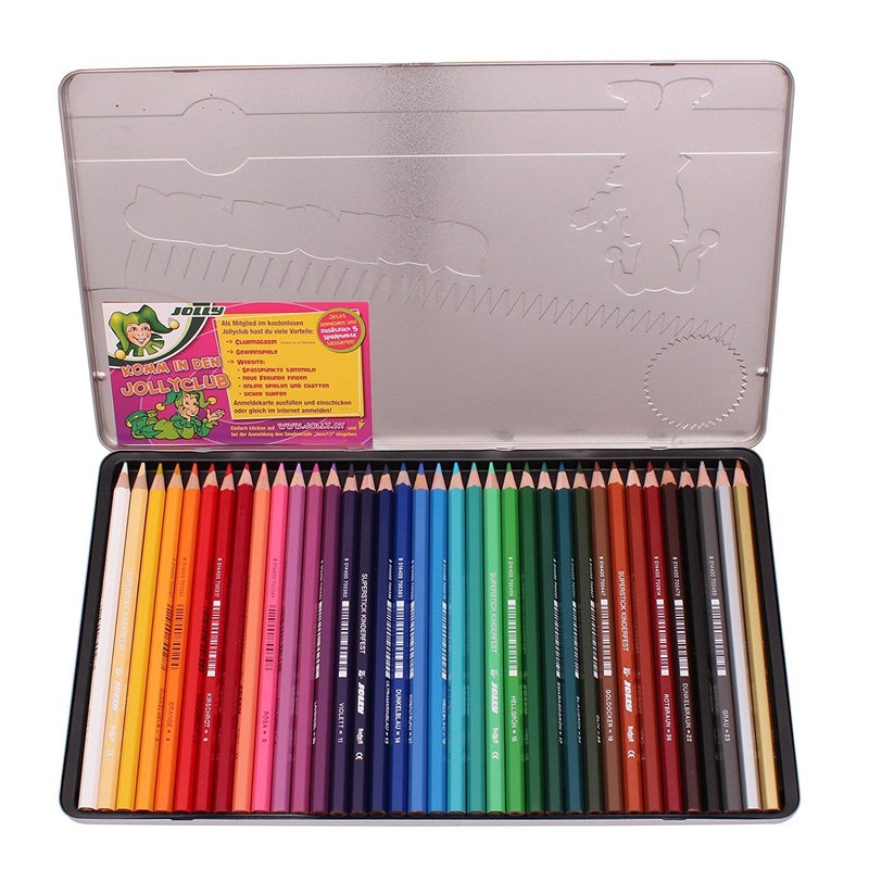 JOLLY Supersticks Premium European Colored Pencils with Tin Carrying Case Set of 36 Arts and Crafts Perfect for Adult and Kids Coloring
