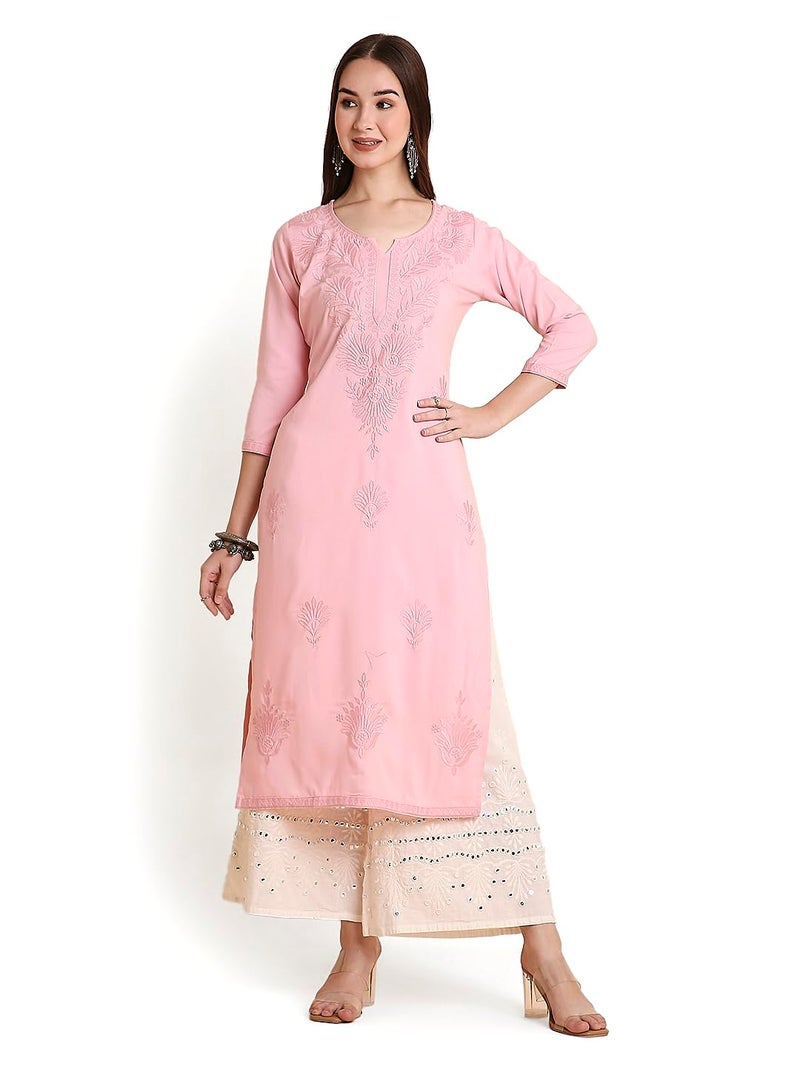 RATAN Women Rayon Straight Fit Lucknowi Chikankari Ethnic Wear Kurta (MEHR-1793-M_Pink) - Image 1