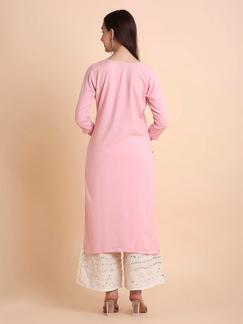 RATAN Women Rayon Straight Fit Lucknowi Chikankari Ethnic Wear Kurta (MEHR-1793-M_Pink) - Image 2