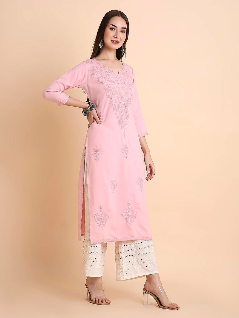 RATAN Women Rayon Straight Fit Lucknowi Chikankari Ethnic Wear Kurta (MEHR-1793-M_Pink) - Image 5